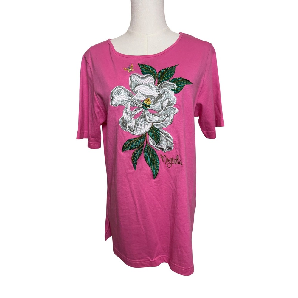 Bob Mackie Wearable Art‎ Pink Magnolia Embroidered T-Shirt Womens Small Floral
